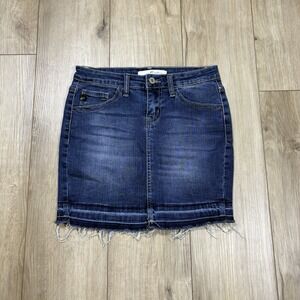 Kancan Skirt Raw Hem Dark Wash Denim Distressed Mini Jean Skirt Women's Size 24